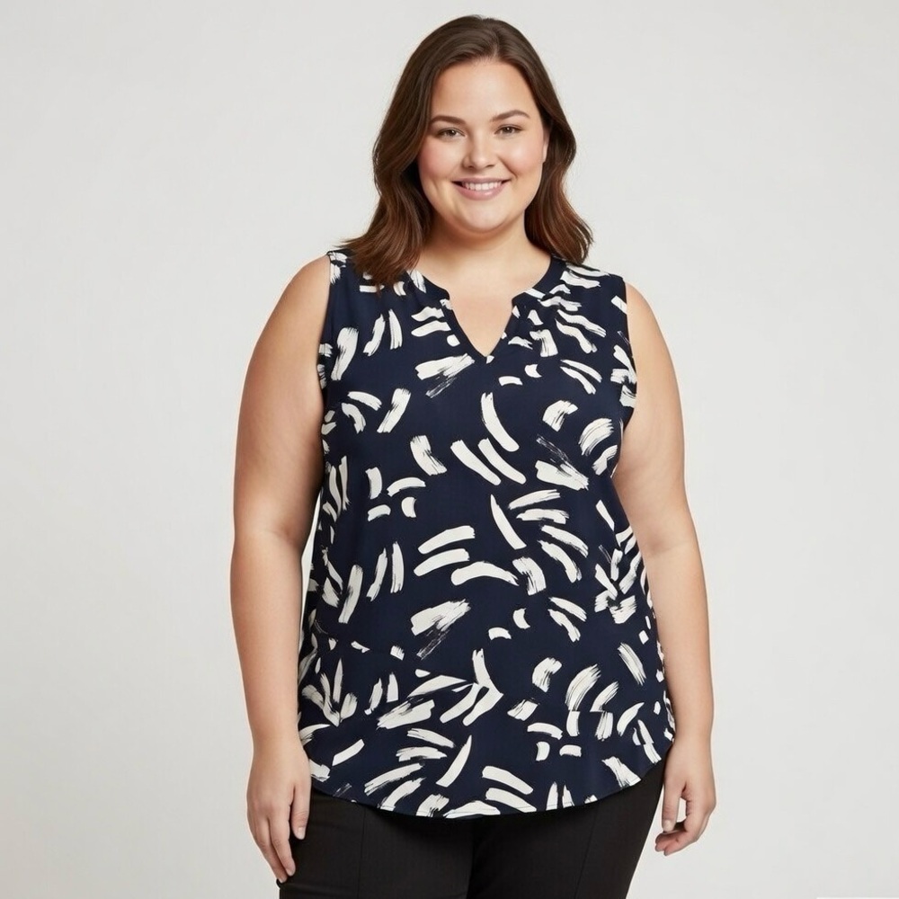 Alfani‎ Woman Navy White Brushstroke Print Sleeveless Hi-Lo Blouse Top 16W